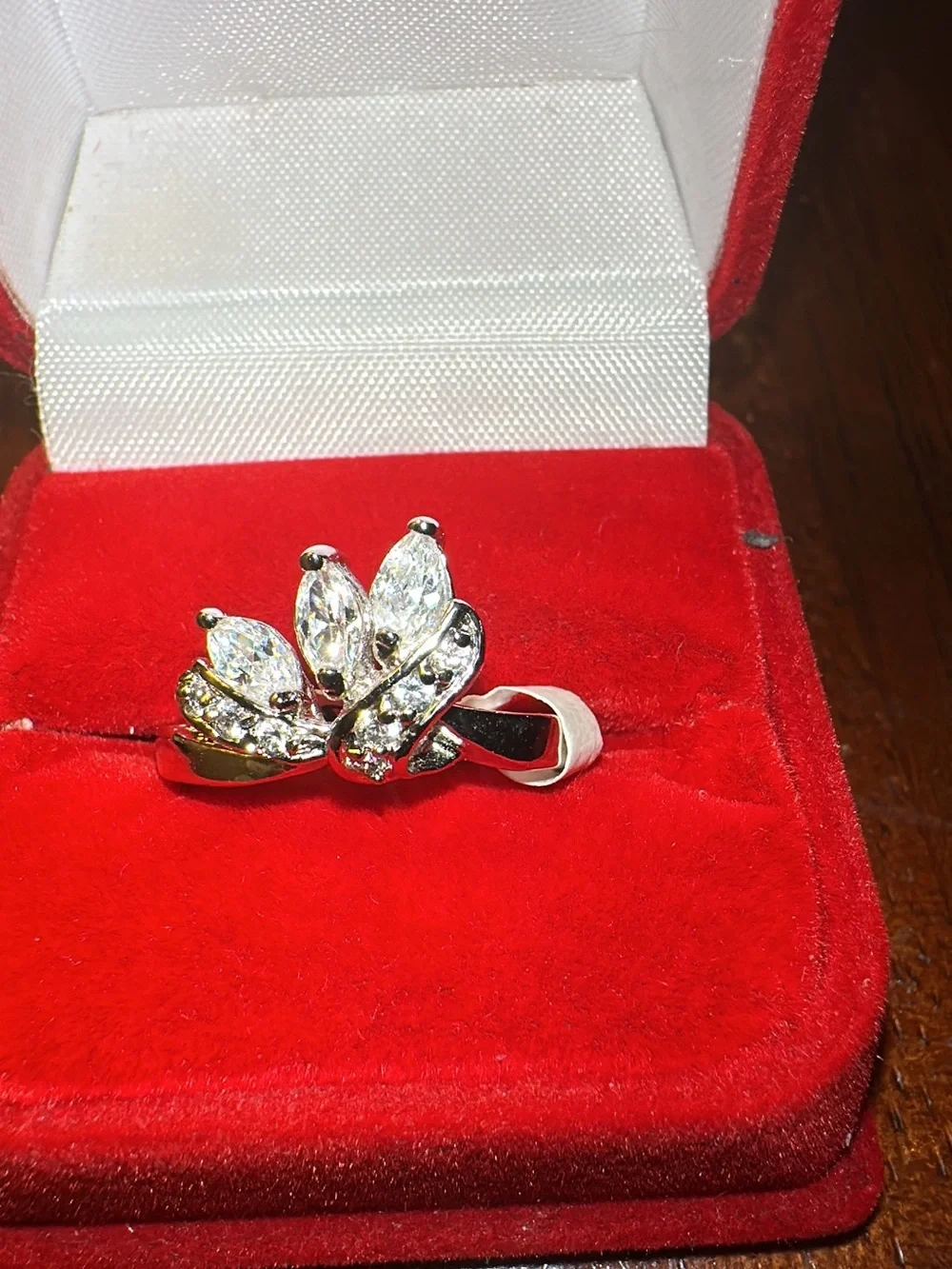 Rhodium Plated  with Cubic Zirconia Silver Crystal Leaf Ring - Clear Sparkle